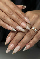 Nude Pink Almond Nails – White Lace Flowers, Gold Wavy French Tips, 24-Piece Nail Set