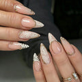 Nude Pink Almond Nails – White Lace Flowers, Gold Wavy French Tips, 24-Piece Nail Set