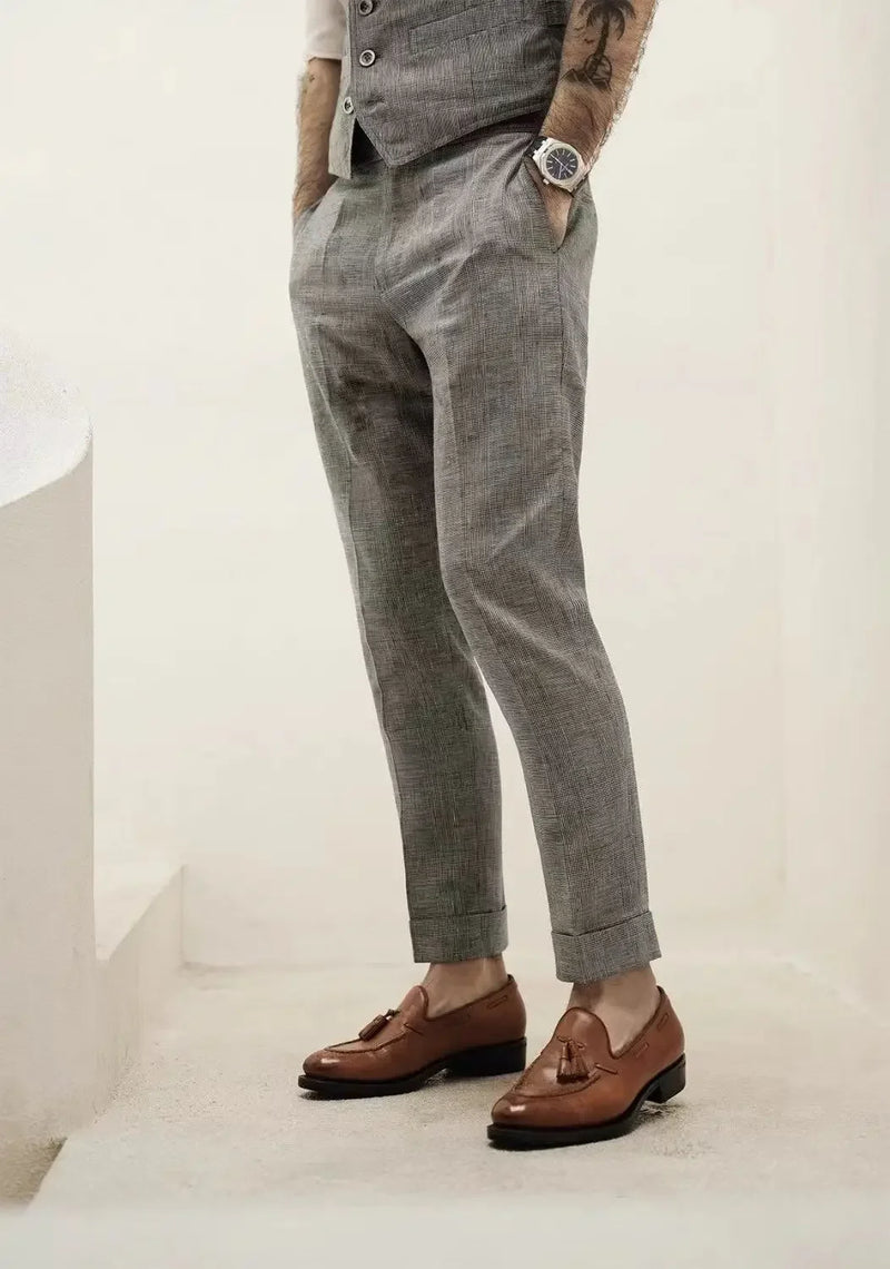 Men Pants Naples Linen Casual British Style Slim Fit Trousers Spring Summer Ankle-Length Suit Pants