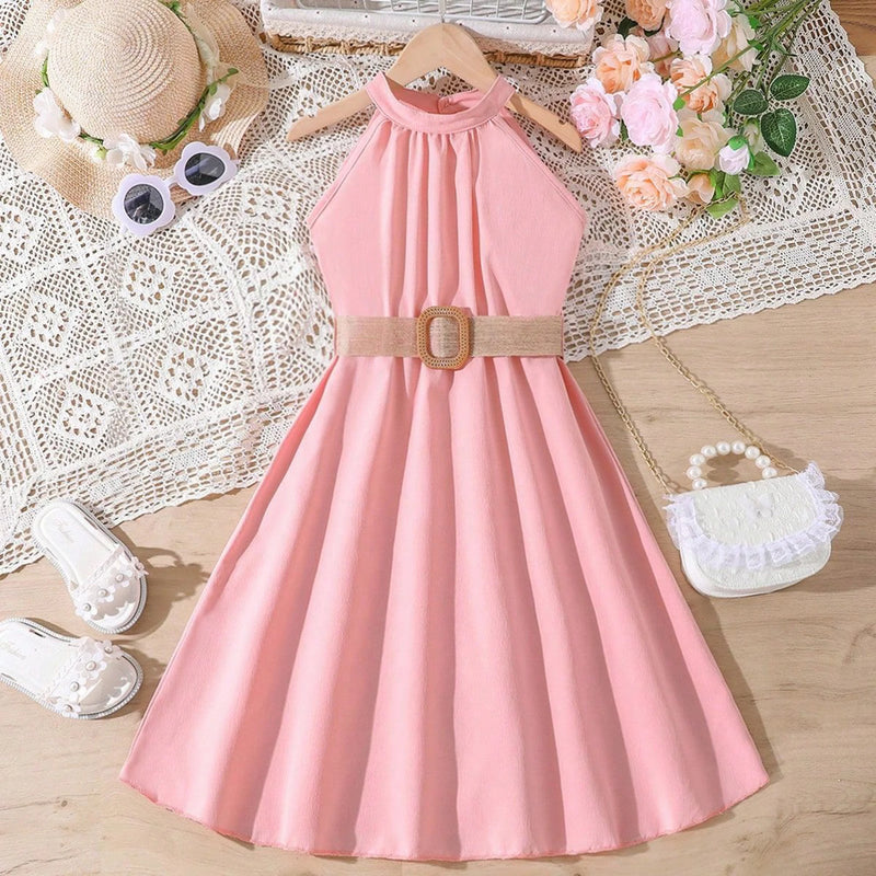 Summer Kids Girls Casual Dress Sleeveless Solid Off Shoulder Beach Dress Belt Clothes