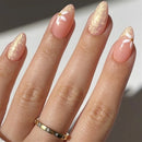 White Flowers Gold Pearlescent Almond False Nails Detachable Finished Fake Nails Press on Nails