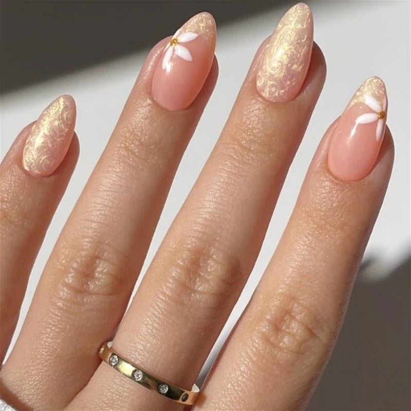 White Flowers Gold Pearlescent Almond False Nails Detachable Finished Fake Nails Press on Nails