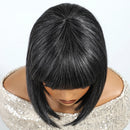 Black bob wig with bangs on a mannequin head, branded 'Obroi'.
