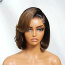 A shoulder-length wavy wig with a dark brown root and warm caramel-brown highlights, styled on a mannequin head against a plain light background, Obroi