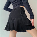Vintage Denim Skirt Women Streetwear High Waist Pockets Gothic Black Jeans Pleated Skirt Autumn Winter