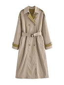 Elegant Belt Decorate Splicing Design Long Trench Coat Women's Trendy Casual Windbreaker Jacket Autumn