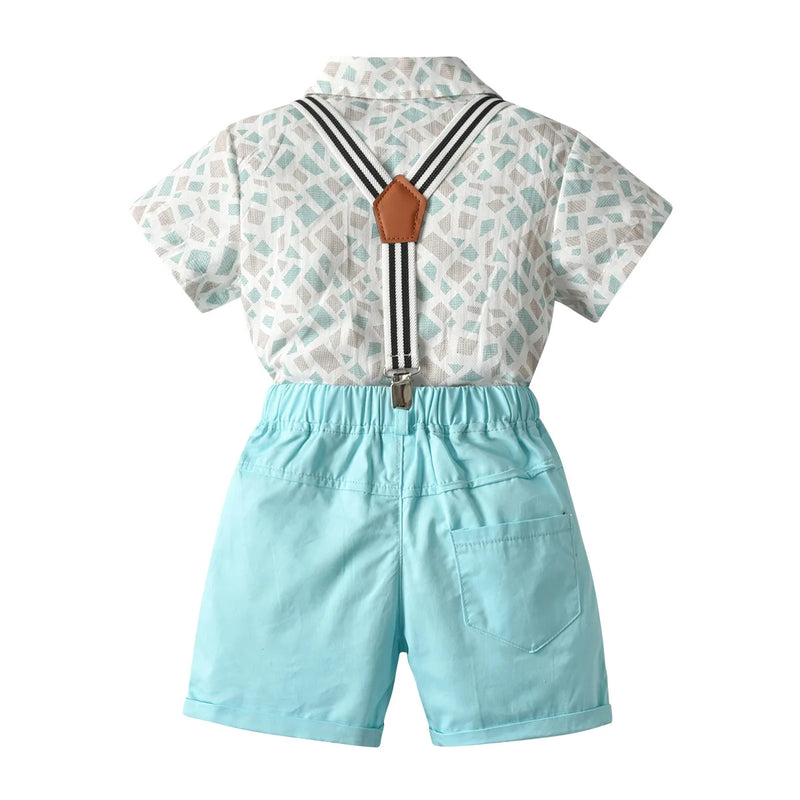 Geometric Pattern Summer Gentleman Outfits Years Boys Suspender With Solid Shorts Bow Performance Set