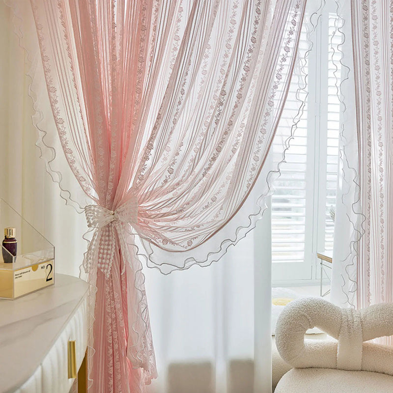 Romantic Sheer Pink Ruffle Curtains for Girls Bedroom Princess Bay Window Curtains Living Room