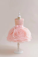 Girls Big Flower Party Dress for Kids Pink Tulle Birthday Wedding Girl Dresses