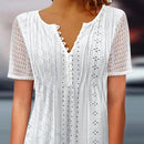 Summer Ladies Shirt Button Half Placket Lace Hollow Out Short Sleeve Solid See-through Women Blouses Top T-shirts
