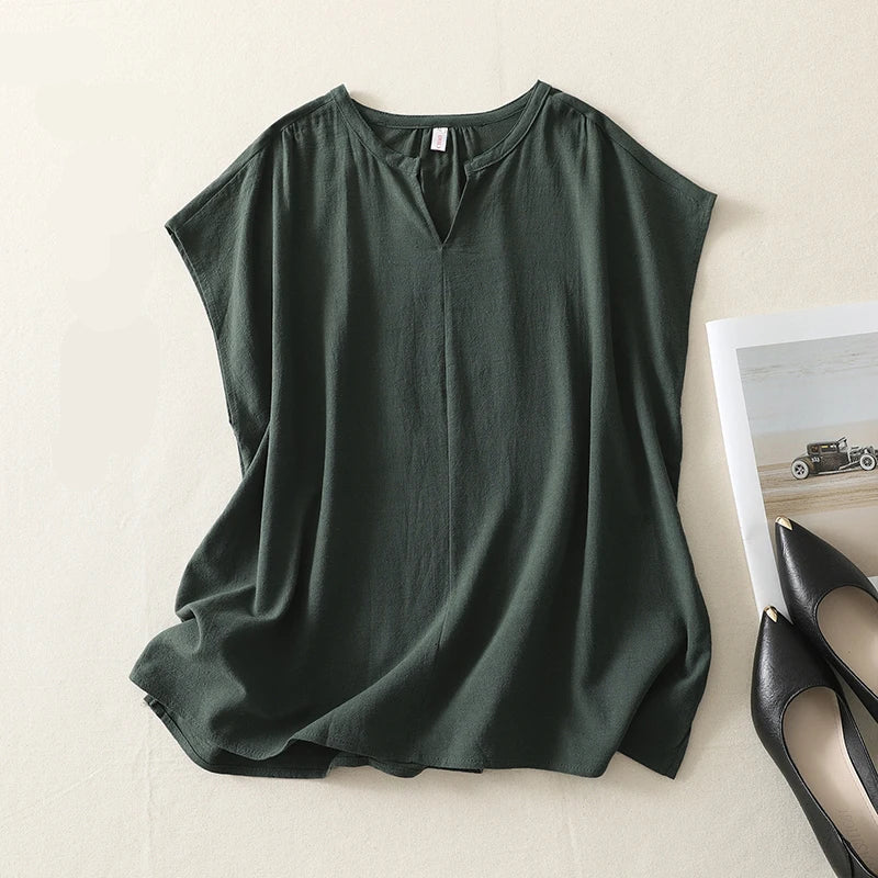 Breathable Hemp Loose Straight Tops Women Summer Sleeveless Casual Tee