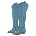 Blue glittery knee-high boots with 'Obroi' branding on a white background