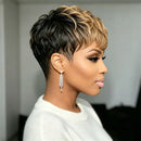 Pixie Cut Human Hair Wig Black Honey Blonde Ombre 6 Inch Curly Layer Short Wig