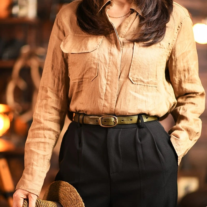 Retro Narrow Genuine Leather Women Belt Pure Copper Button Western Jeans Belt Women Belt