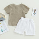 Toddler Infant Baby Boy Girl Summer Clothes Solid Cotton Linen Short Sleeve Button Up T-Shirt Elastic Shorts Set 2Pcs Outfits