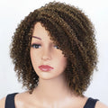 Mannequin head with a curly brown wig on a white background, Obroi