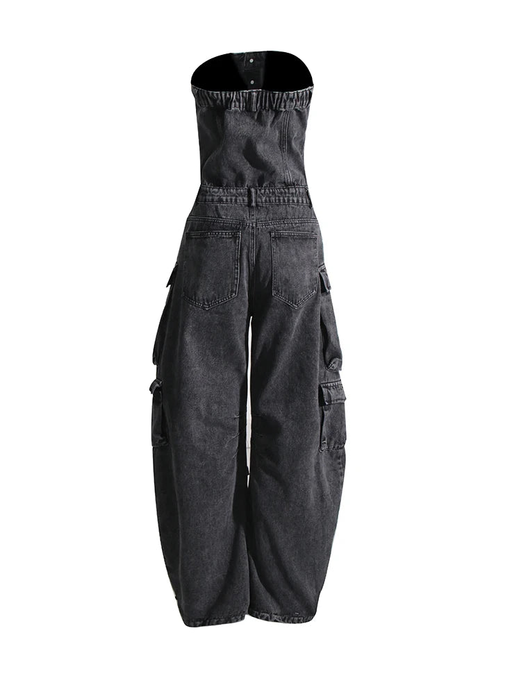 Women's Jumpsuit High Waist Strapless Pockets Solid Cargo Ripped Denim Pants Summer