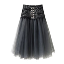 Loose Oversized Womens Dark Denim Splicing Half Skirt Summer A Line Mesh Half Shag Skirt Female Casual High-Waisted Denim Skirts