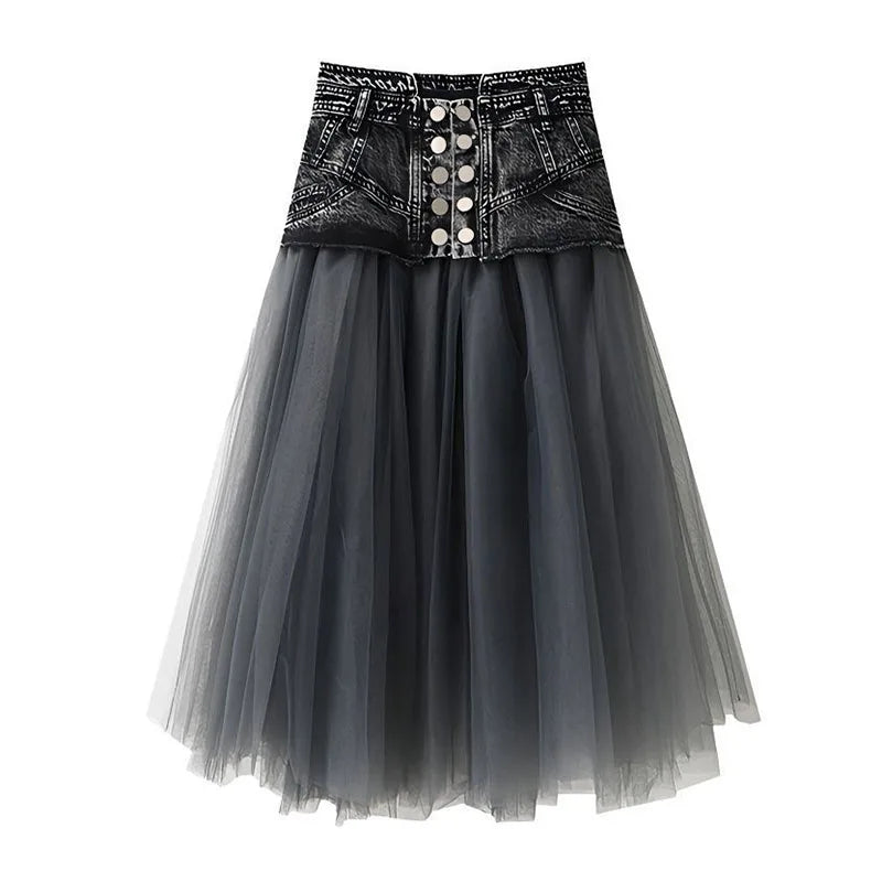 Loose Oversized Womens Dark Denim Splicing Half Skirt Summer A Line Mesh Half Shag Skirt Female Casual High-Waisted Denim Skirts