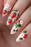 Summer Nails Sweet Strawberry Fruit Nails Tips Short Almond Press on Nails Flower Nails