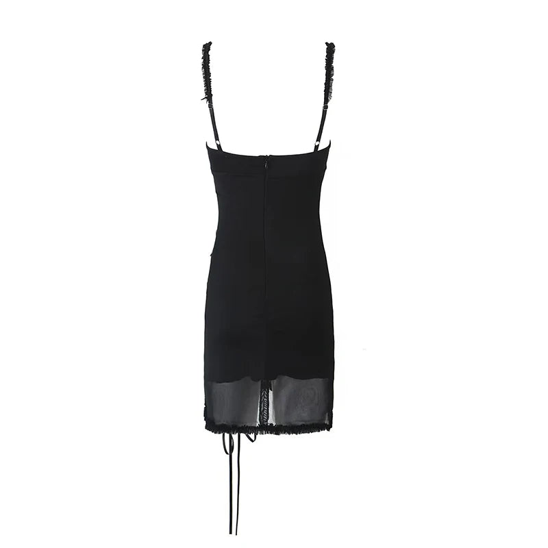 Women Sweet Wood Ears Mesh Sling Dress Drawstring Hem Package Hip Bodycon Mini Dresses Summer Robe