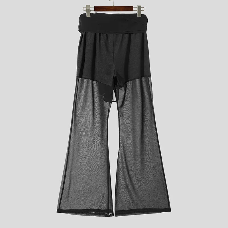 Men Casual Long Pants Streamers Belt Mesh Splicing Trousers Male Wide Leg Bottoms Simple See Through Pants