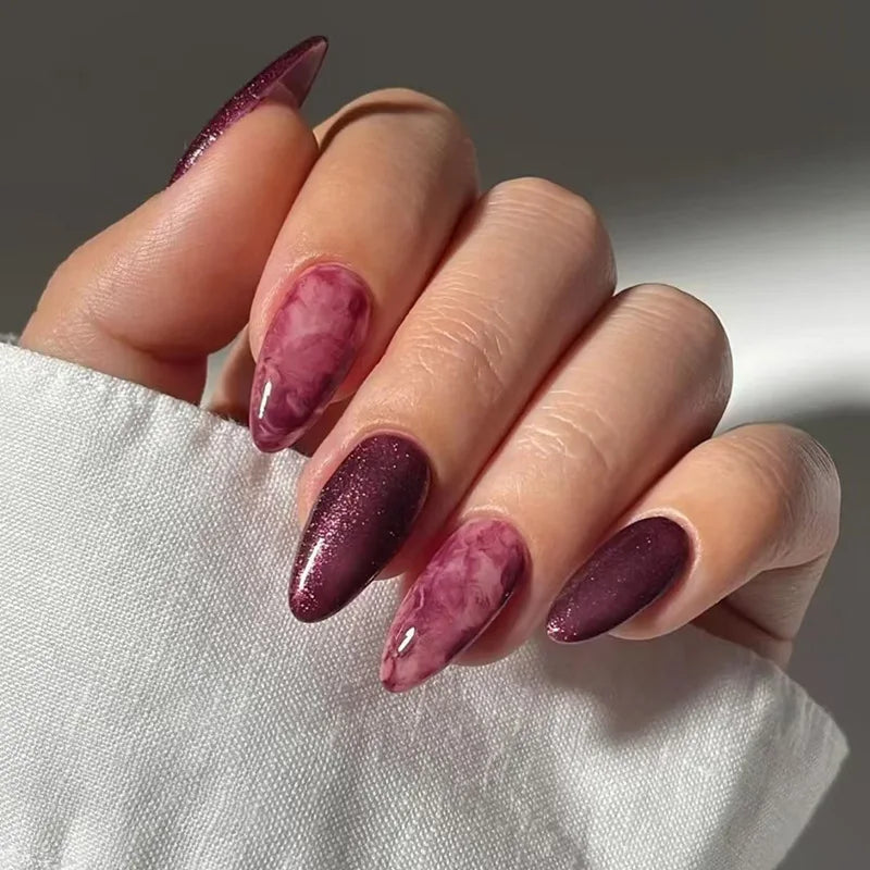 Red Almond Nail Set Press on Nails Gradient Full Cover Shiny Glitter Nails Art for Spice Girls