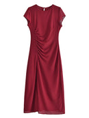 Dresses For Women Front Gathered Button Elegant Office Dress Round Neck Cap Sleeve Vintage Midi Dress With Slit