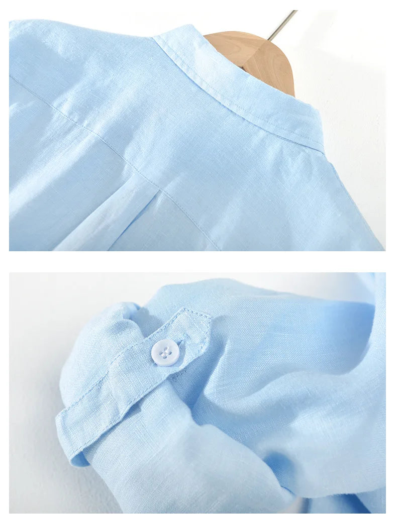 Autamn And Spring Thin Artistic Linen Shirt Men's Long-sleeved Loose Small Collar Linen Shirt White  Fabric Top