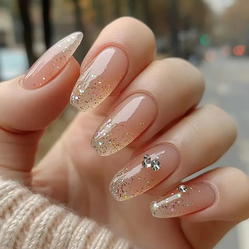 24pcs Wearable False Nails Art Glitter Flower Design Press on Nails Sets Short Ballet Fake Nail Simple Manicure Tips Finished