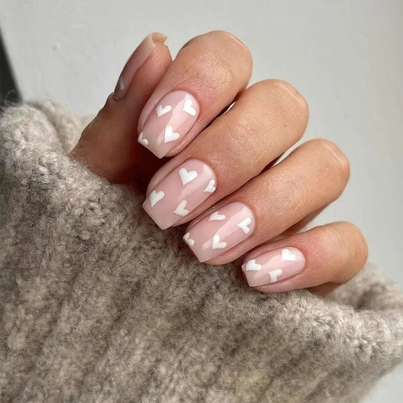 White Love Heart Nail Valentine's Day Press on Nails Short Coffin Head Acrylic Nail Tips