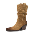 Brown suede boot with a wedge heel on a white background, Obroi