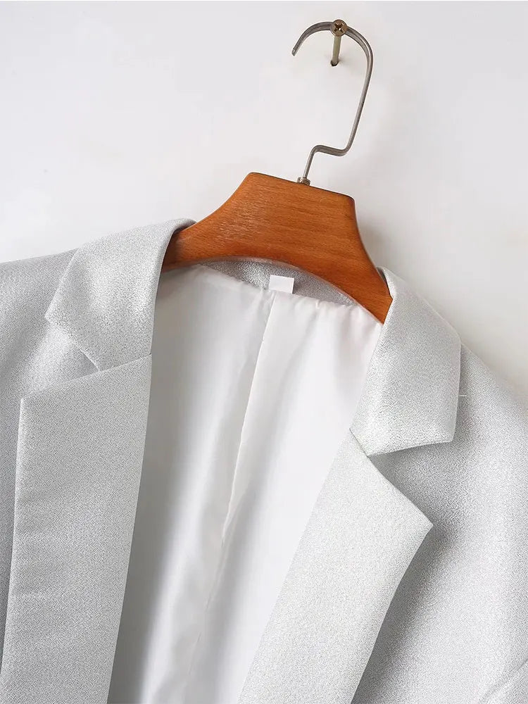 Women Wear Silvery Open Blazer Coat Vintage Long Sleeve With Pleated Female Outerwear Chic Coat