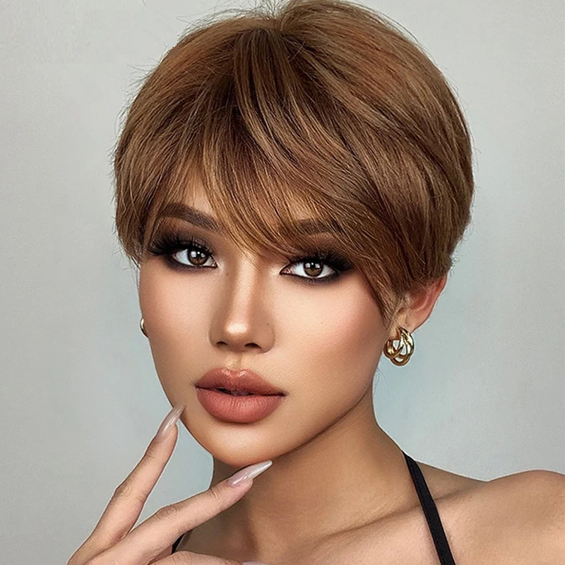 Brown Straight Short Pixie Cut Bob Hair Wigs With Bangs For Women