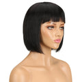 Black bob wig on a mannequin head with a white background, Obroi