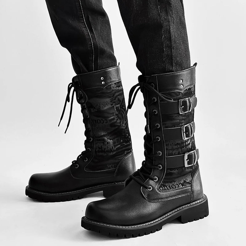 Men Boots Boots Motorcycle Boots for Men Lace-up Platform Boot Mid-Calf Casual Leather