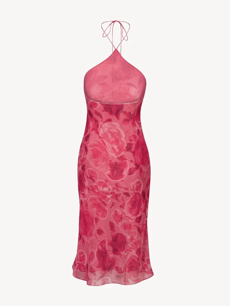 Women Sleeveless Dress Pink Flower Summer Backless Robe