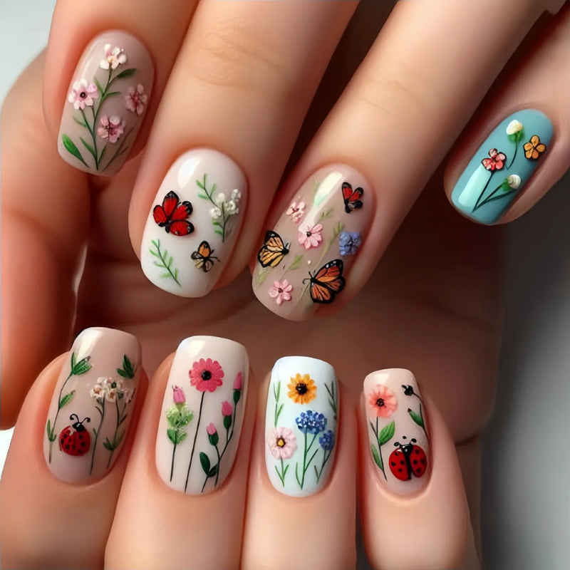 24pcs Press on Nails Art Short Square False Nail Set Flower Fake Nails Tip with Jelly Glue Manicure