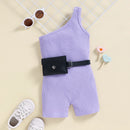 Girls Summer Jumpsuits With Waist Pack Sleeveless One Shoulder Ribbed Elastic Playsuits Shorts
