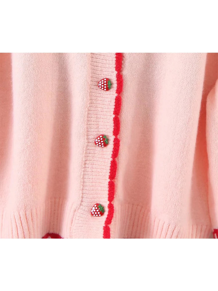 Women Sweet Pink Strawberry Cherry Thin Knit Sweater Female Crop Pullover Autumn Tops