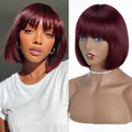 Woman with burgundy bob wig on a mannequin head, side by side comparison, Obroi