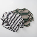 Two striped baby rompers on a white background with Obroi branding.
