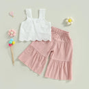 Summer Kids Baby Girls Outfit Solid Sleeveless Lace Tops and Elastic Casual Wide Leg Pants Clothes Set