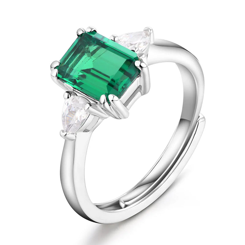 Sterling Silver Octagon Emerald Wedding Engagement Adjustable Ring Fine Jewelry