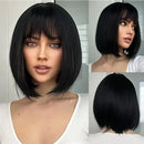 Black bob wig with bangs displayed from multiple angles, Obroi