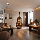 Modern living room with a large wooden cello sculpture, candles, and a bottle, Obroi