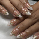 Luxury Gold Metal Line Flower Star Almond False Nails Moon Rhinestone Punk Nail Art Press on Nails