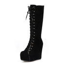 Black knee-high boot with lace-up design on a white background, Obroi