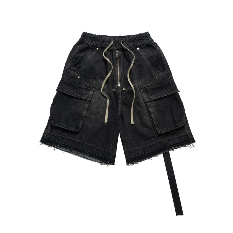 Black cargo shorts with multiple pockets and a drawstring on a white background