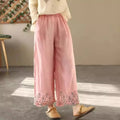 Spring Embroidery Cotton Linen Wide Leg Pants Women Elastic Waist Loose Double Layer Straight Long Pant
